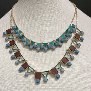 Double Strand Blue Brown Bead and Stone Vintage Bib Necklace